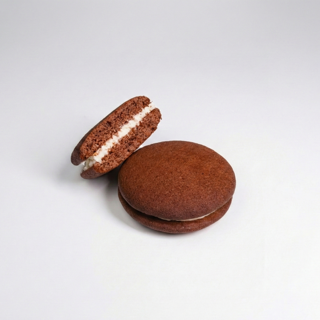 Whoopie Pie Chocolate macaron with white filling on a light gray background