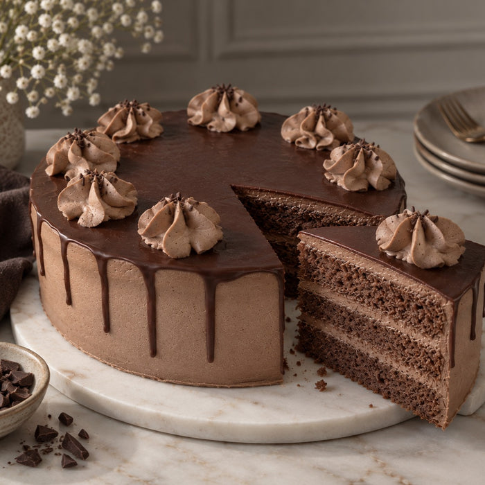 dän chocolate cake — whole 8-inch layer cake with chocolate drip and rosettes
