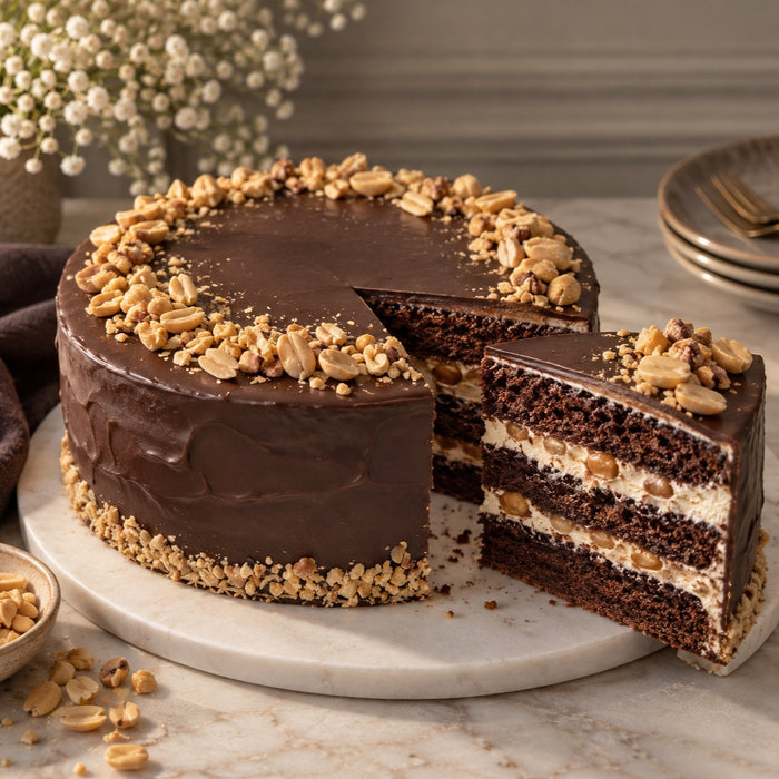dän peanut caramel cake — whole 8-inch chocolate layer cake with caramel, roasted peanuts and dark chocolate glaze