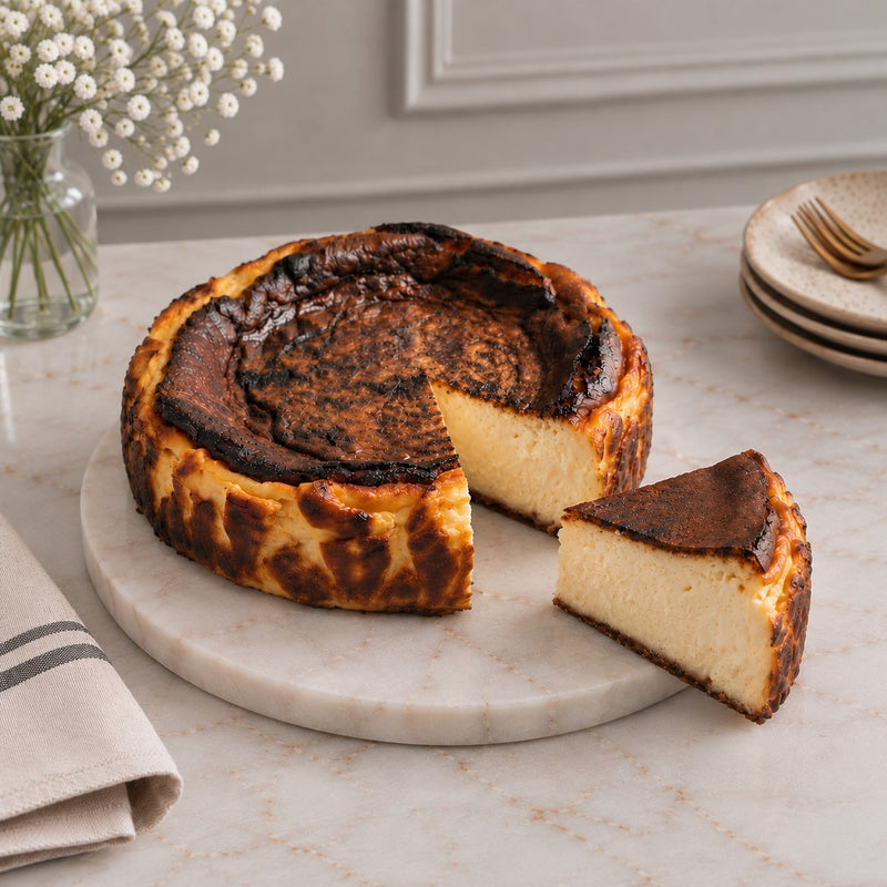 dän San Sebastián cheesecake — whole 8-inch Basque burnt cheesecake with caramelized top and creamy centre