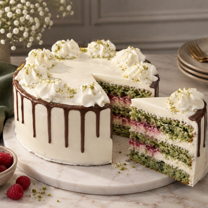 dän spinach raspberry cake — whole 8-inch green spinach sponge with raspberry jam, cream and chocolate drip